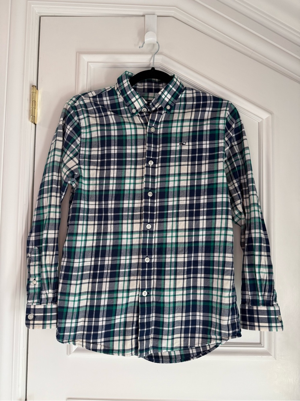 Vineyard Vines Whale Shirt Green Navy Plaid Boys M 12-14